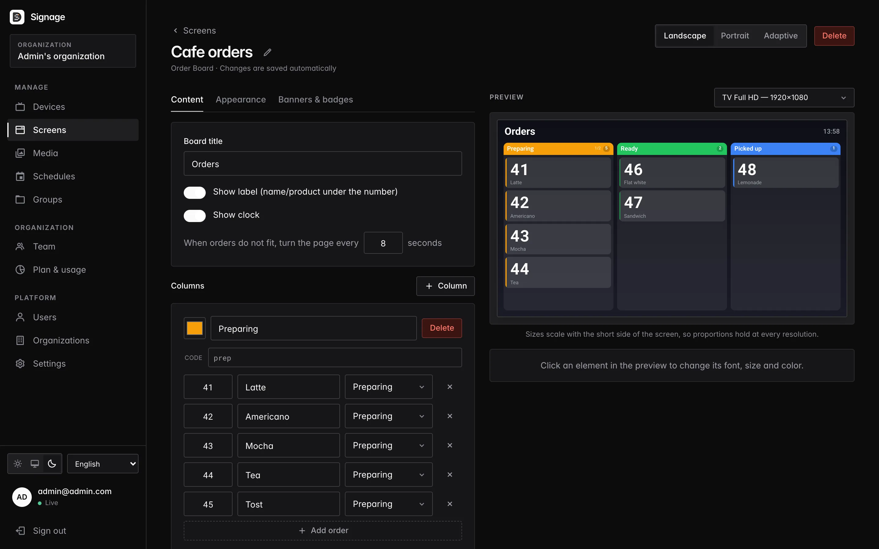 The order board editor: columns and orders on the left, a preview with the device’s measures on the right.