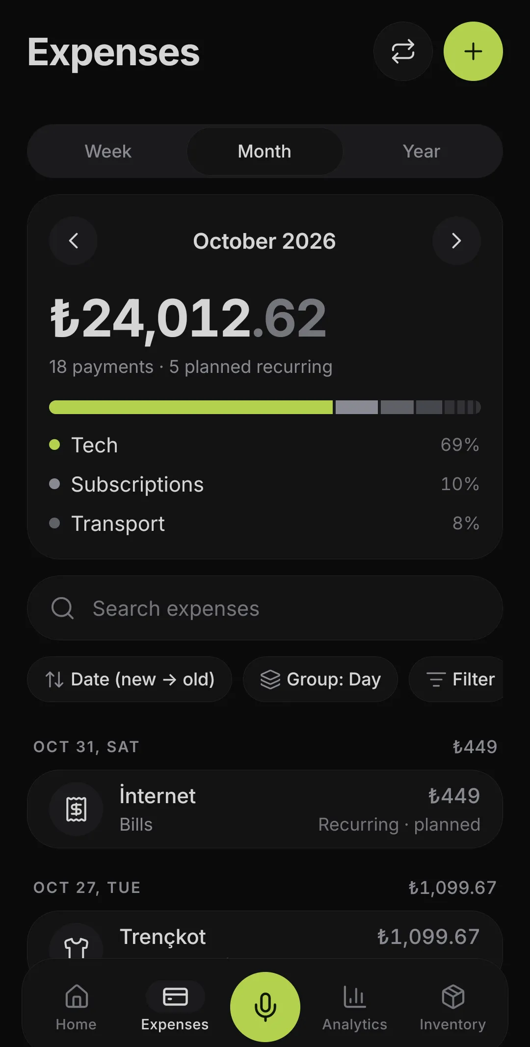 Monthly expenses: a category breakdown bar, search, grouping and a list by day.