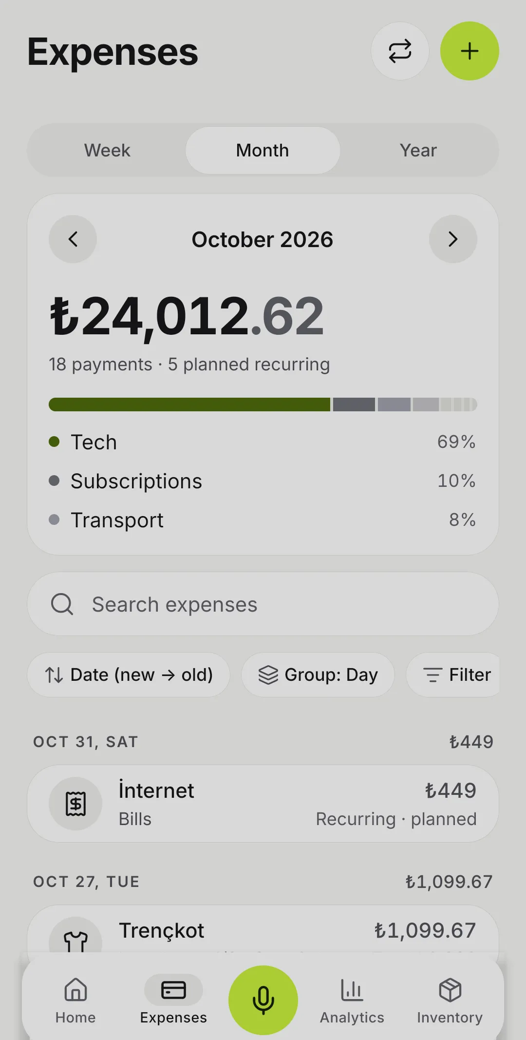 Monthly expenses: a category breakdown bar, search, grouping and a list by day.