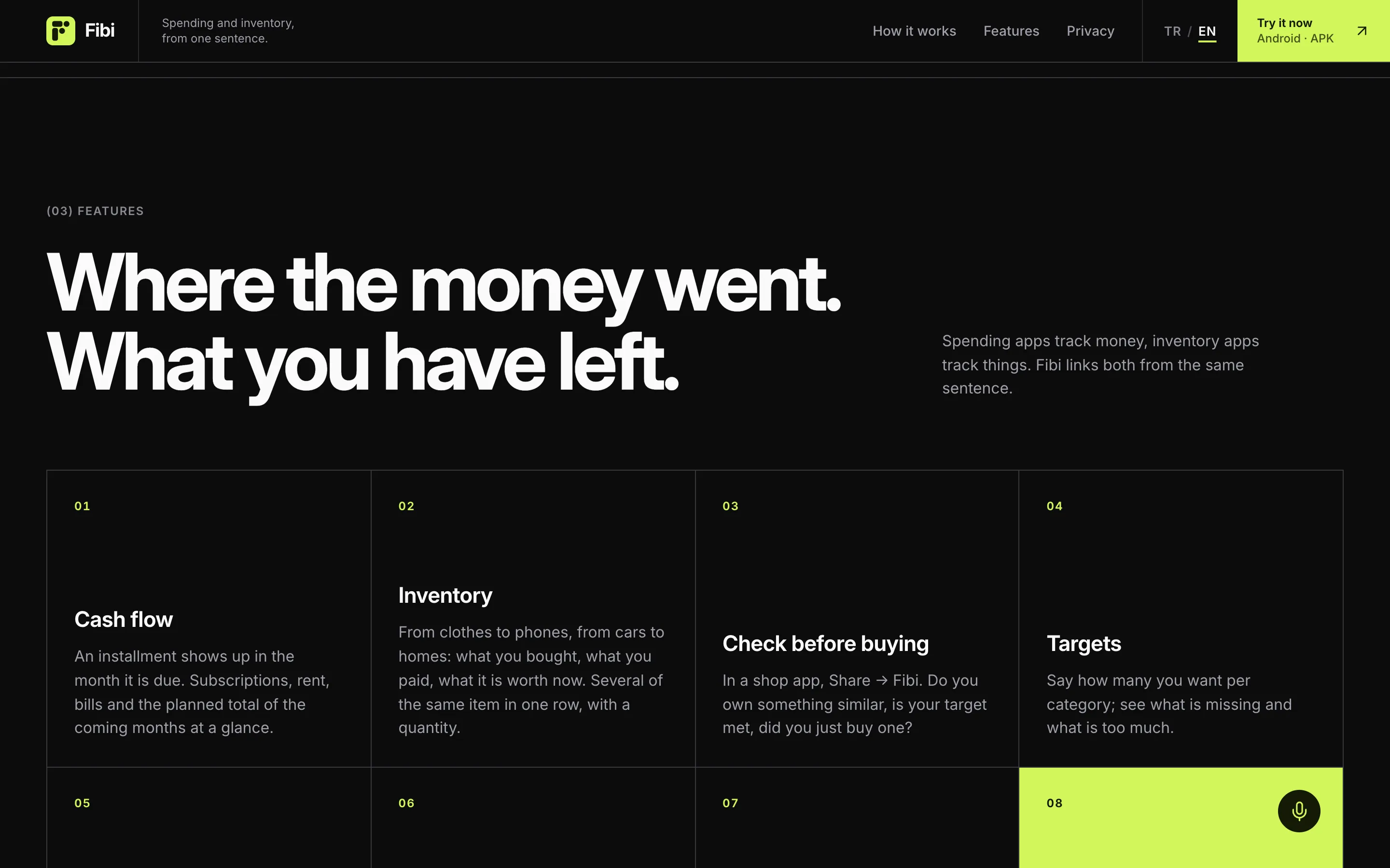 The website’s features section: cash flow, inventory, check before you buy and targets.