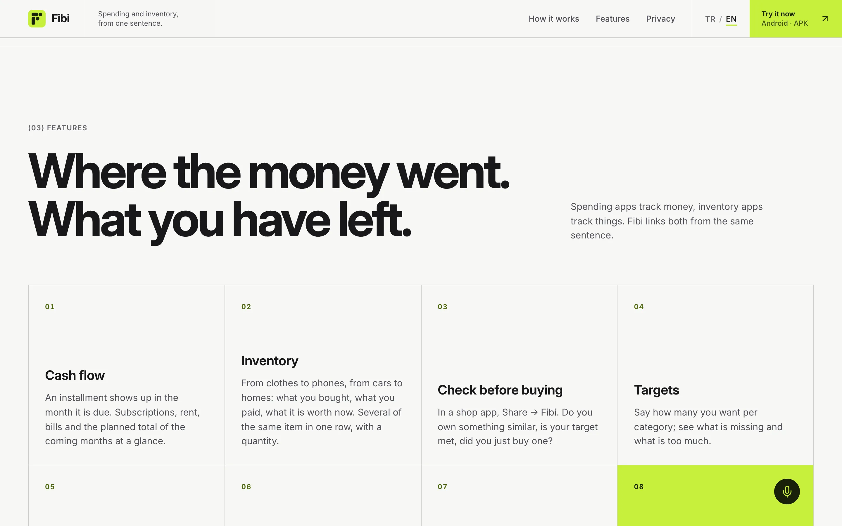 The website’s features section: cash flow, inventory, check before you buy and targets.