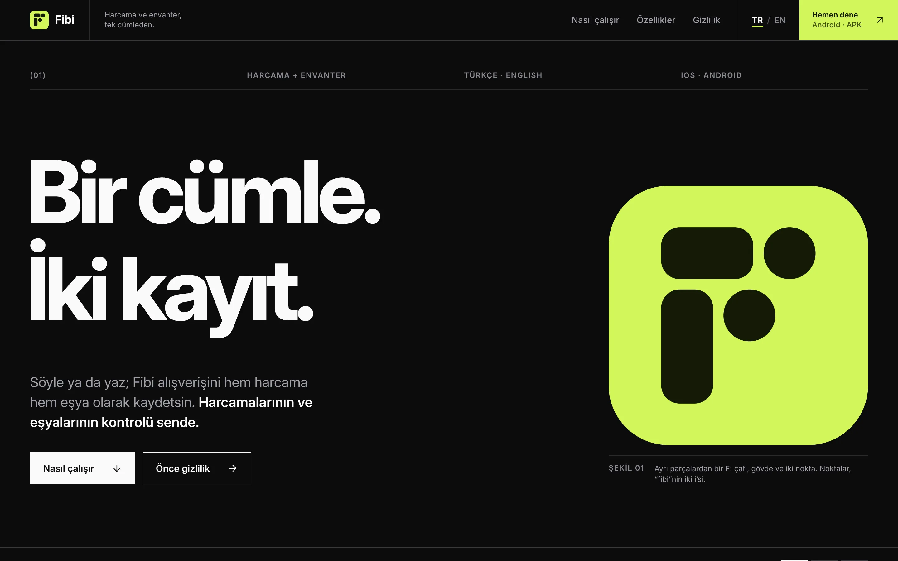 Fibi tanıtım sitesinin ilk ekranı: “Bir cümle. İki kayıt.” başlığı ve limon yeşili F logosu.