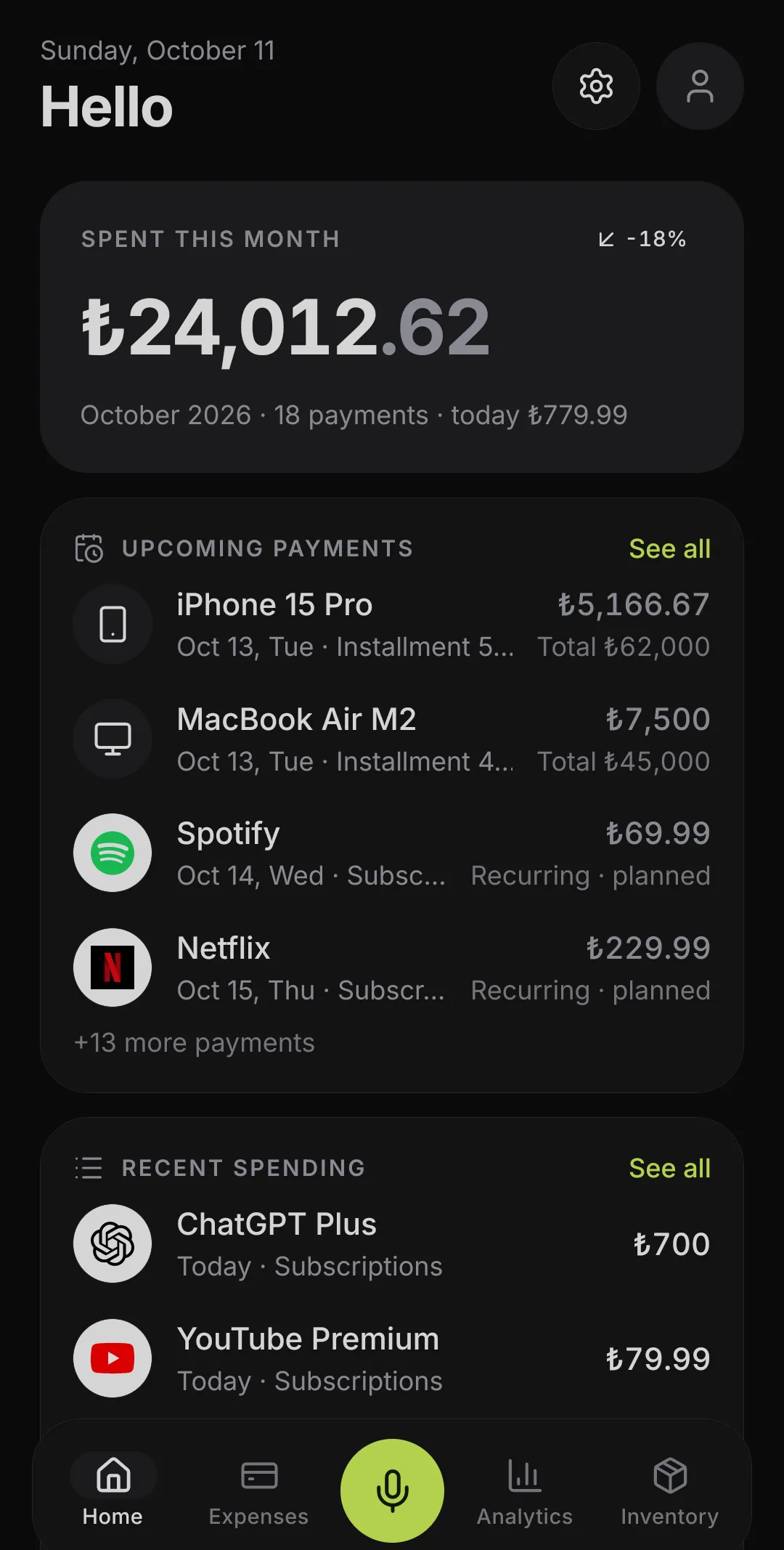 Fibi home: this month’s spending total, upcoming installments and subscriptions, recent spending.
