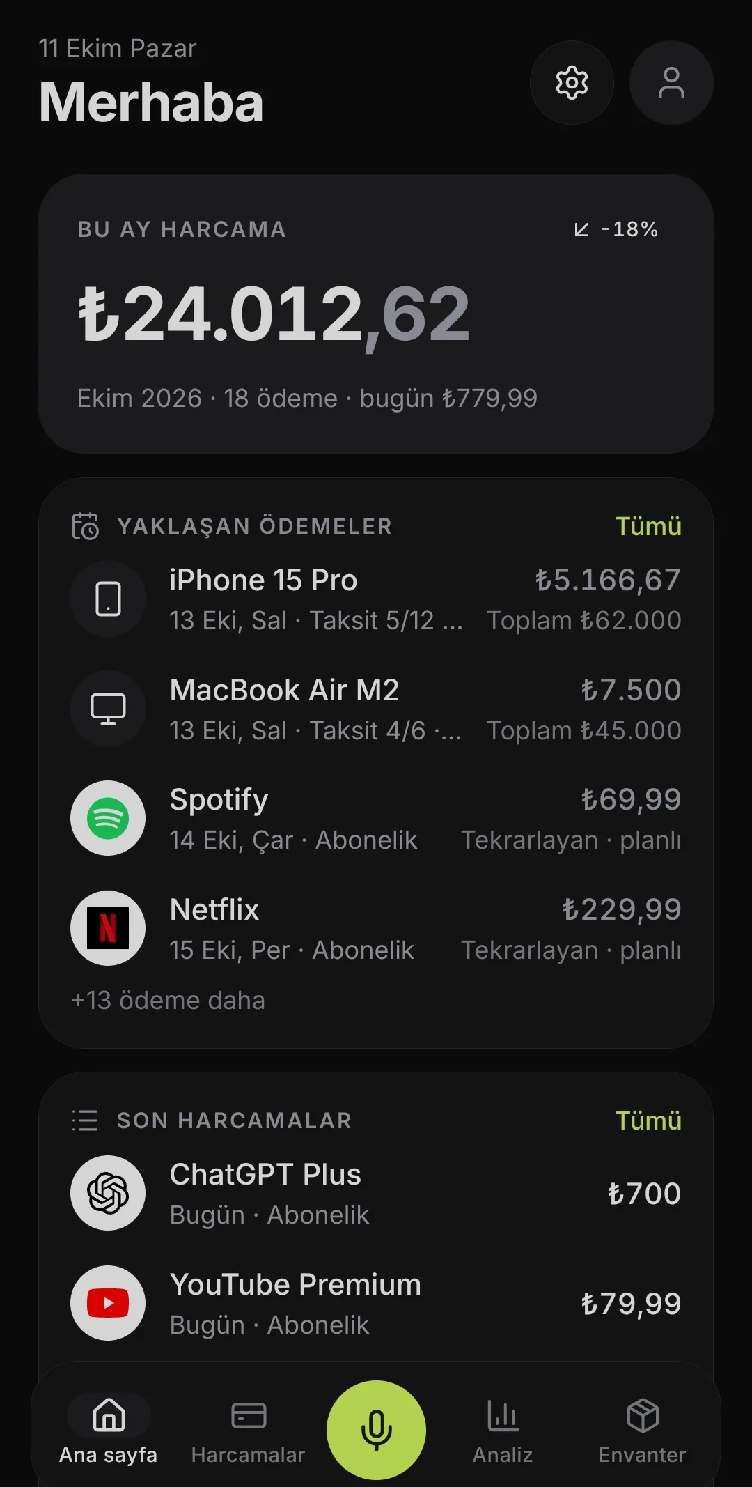Fibi ana sayfası: bu ayki harcama toplamı, yaklaşan taksit ve abonelik ödemeleri, son harcamalar.