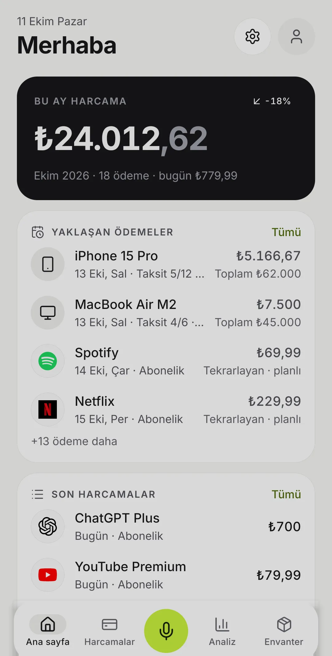 Fibi ana sayfası: bu ayki harcama toplamı, yaklaşan taksit ve abonelik ödemeleri, son harcamalar.