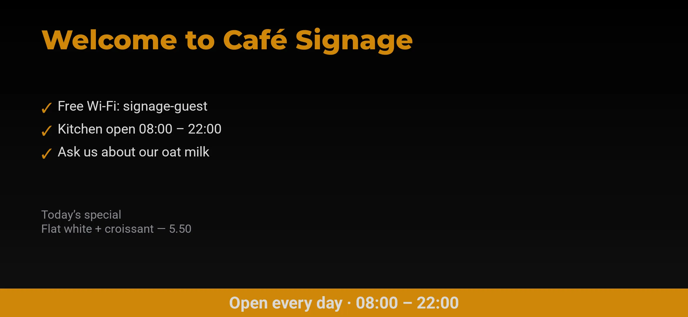 The info board: a title, bullet points and a bottom banner.