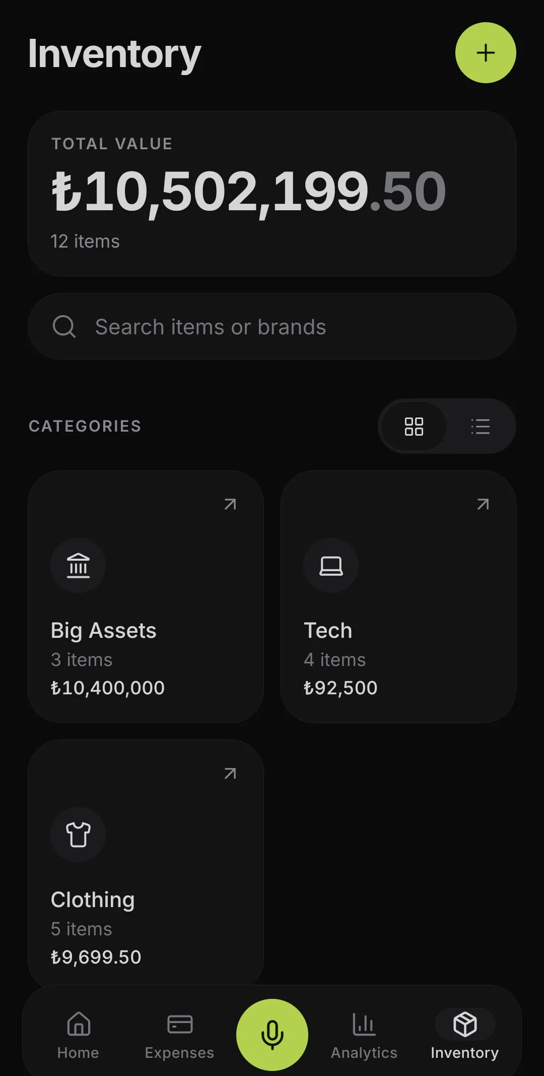 Inventory: total value, search and the Big Assets, Tech and Clothing categories.