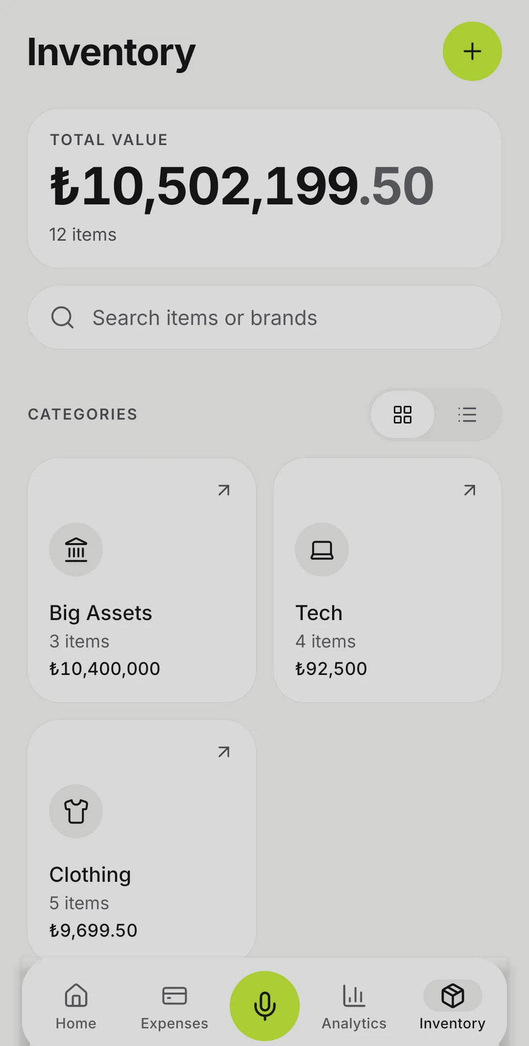 Inventory: total value, search and the Big Assets, Tech and Clothing categories.