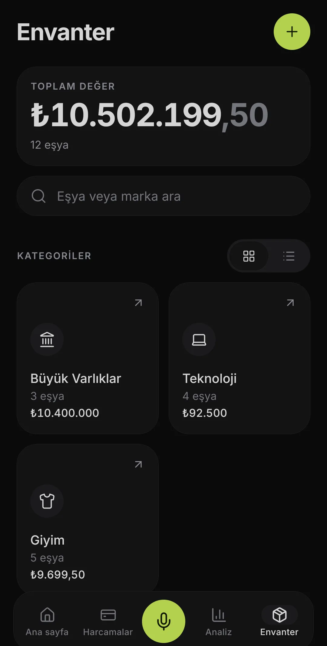 Envanter: toplam değer, arama ve Büyük Varlıklar, Teknoloji, Giyim kategorileri.