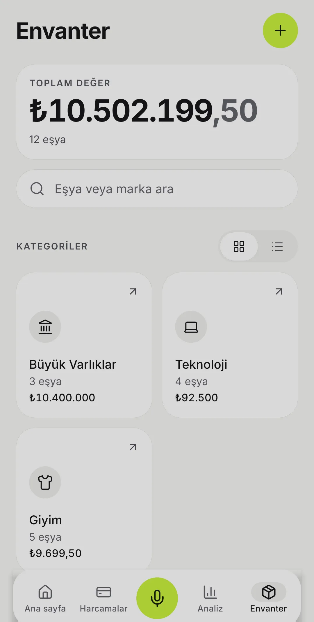 Envanter: toplam değer, arama ve Büyük Varlıklar, Teknoloji, Giyim kategorileri.