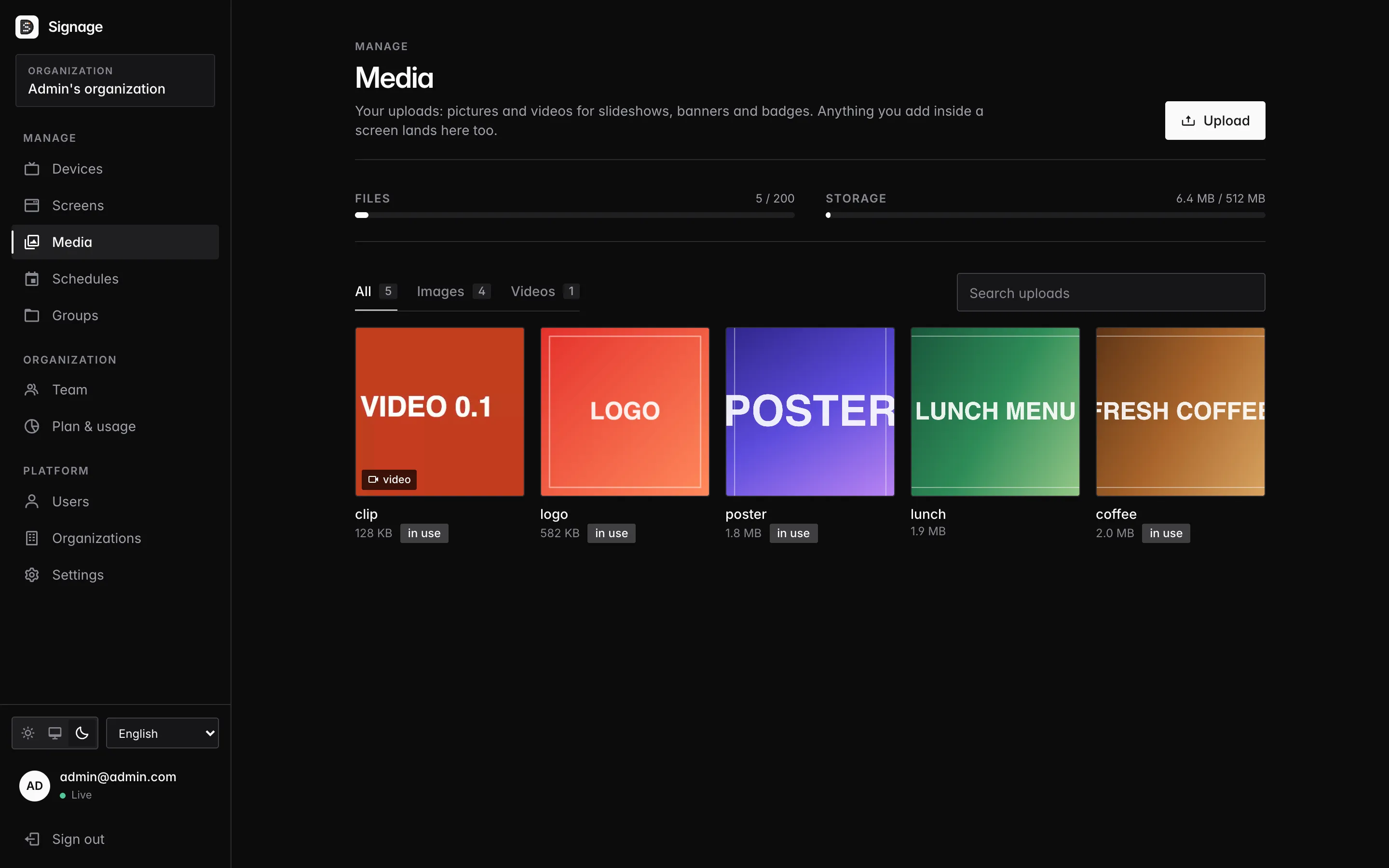 The media library: file and storage quota, images and videos in use.