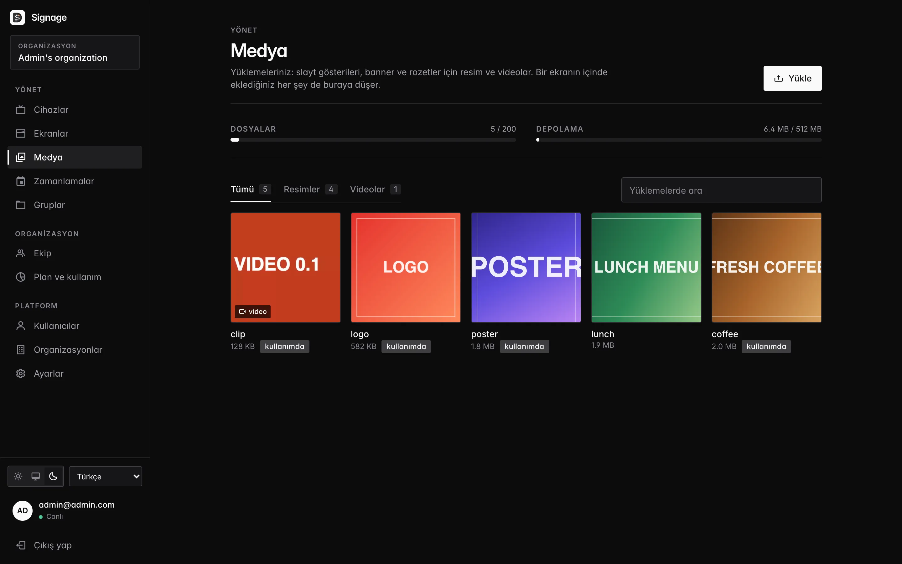 Medya kütüphanesi: dosya ve depolama kotası, kullanımdaki görseller ve videolar.