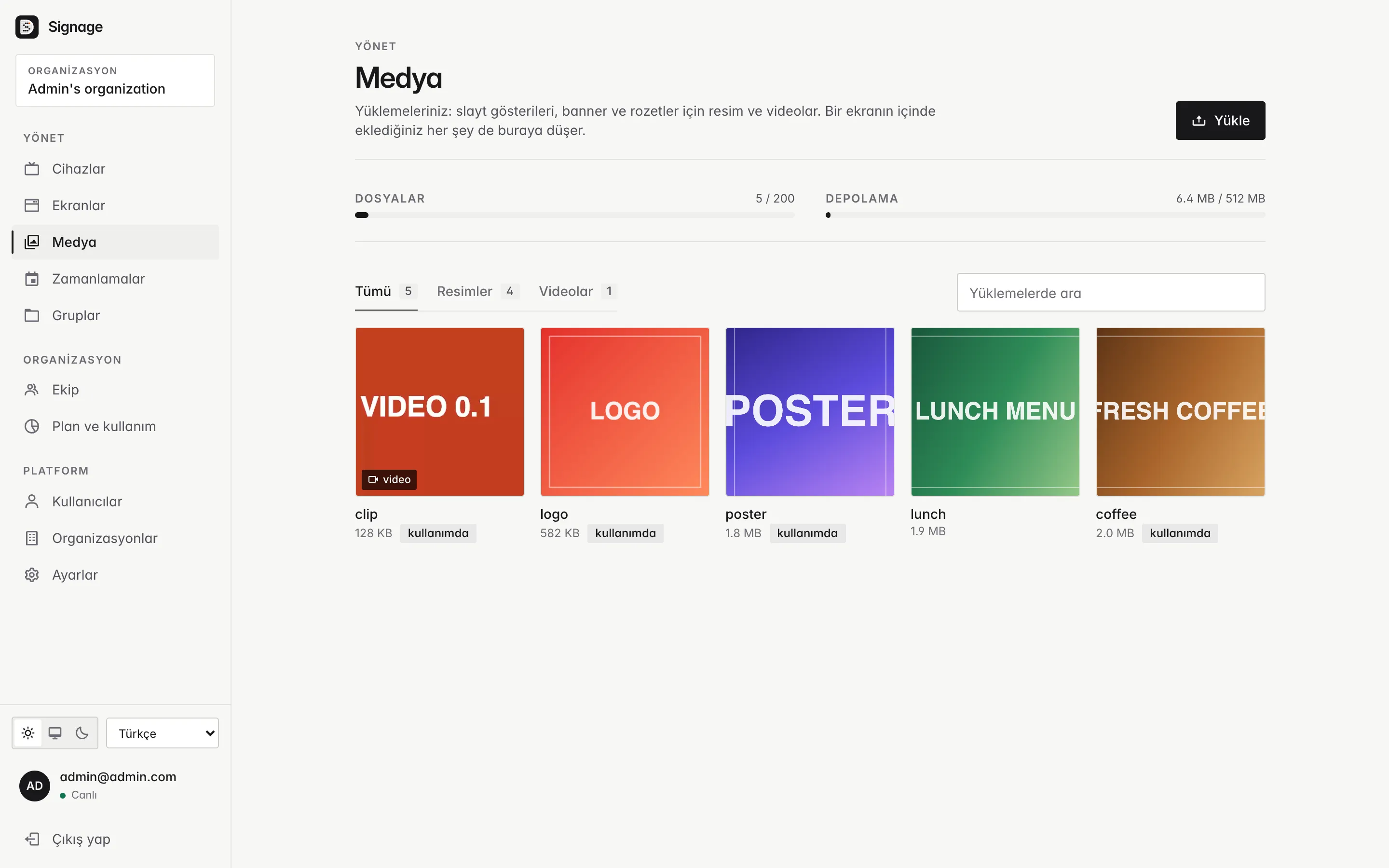 Medya kütüphanesi: dosya ve depolama kotası, kullanımdaki görseller ve videolar.