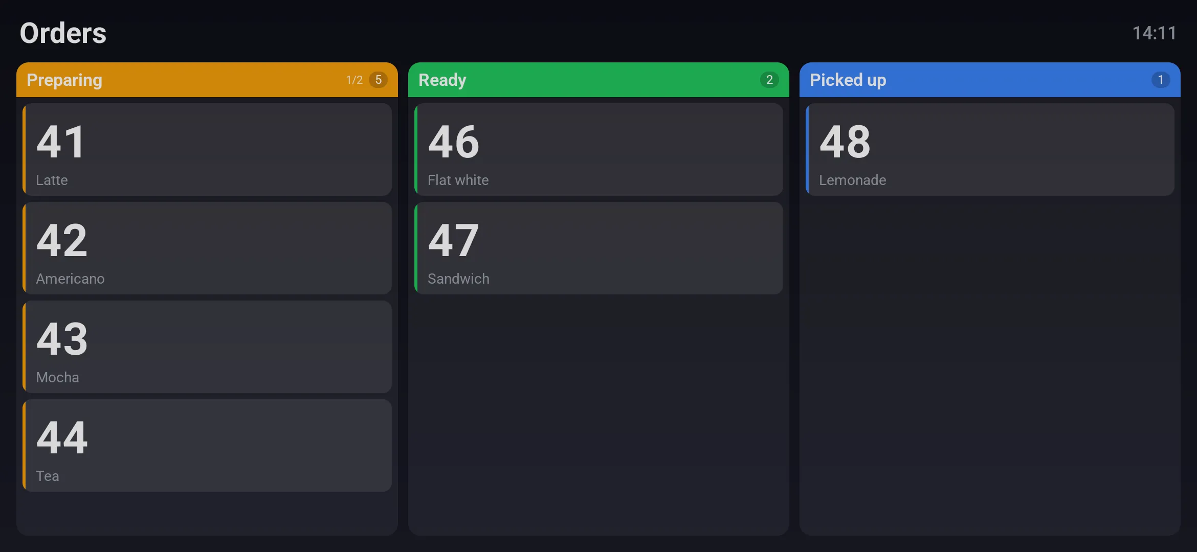 The order board drawn on an Android device: Preparing, Ready and Picked up columns.