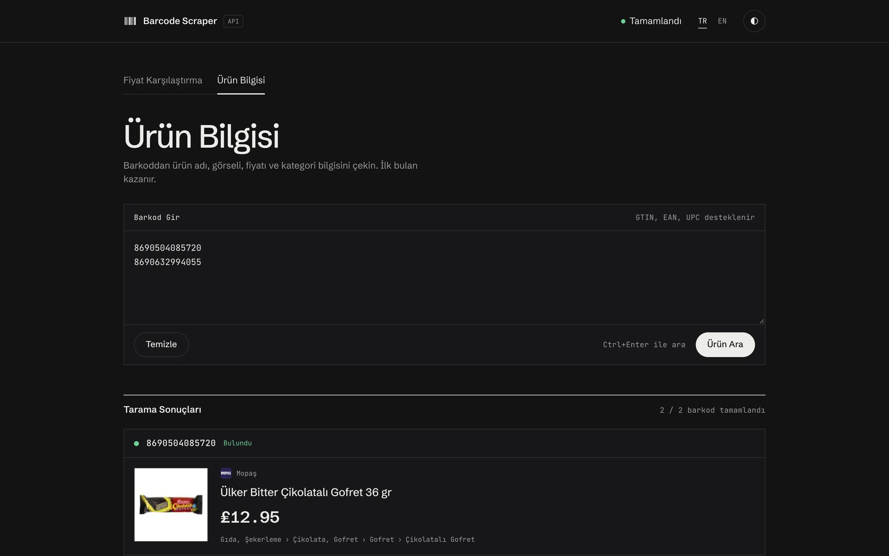 Ürün bilgisi sonucu: ürün adı, görseli, fiyatı, kaynak market ve kategori yolu.