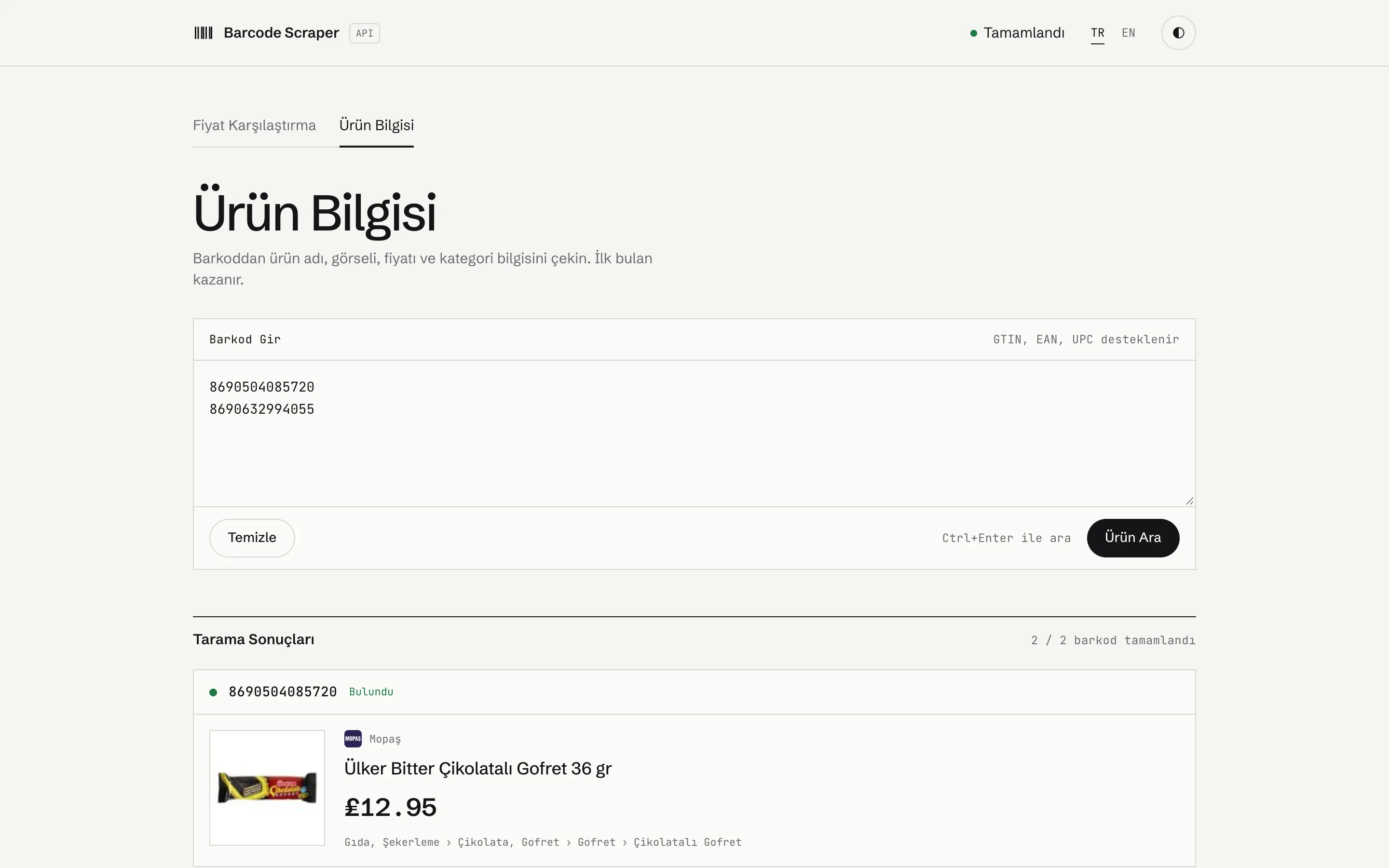 Ürün bilgisi sonucu: ürün adı, görseli, fiyatı, kaynak market ve kategori yolu.