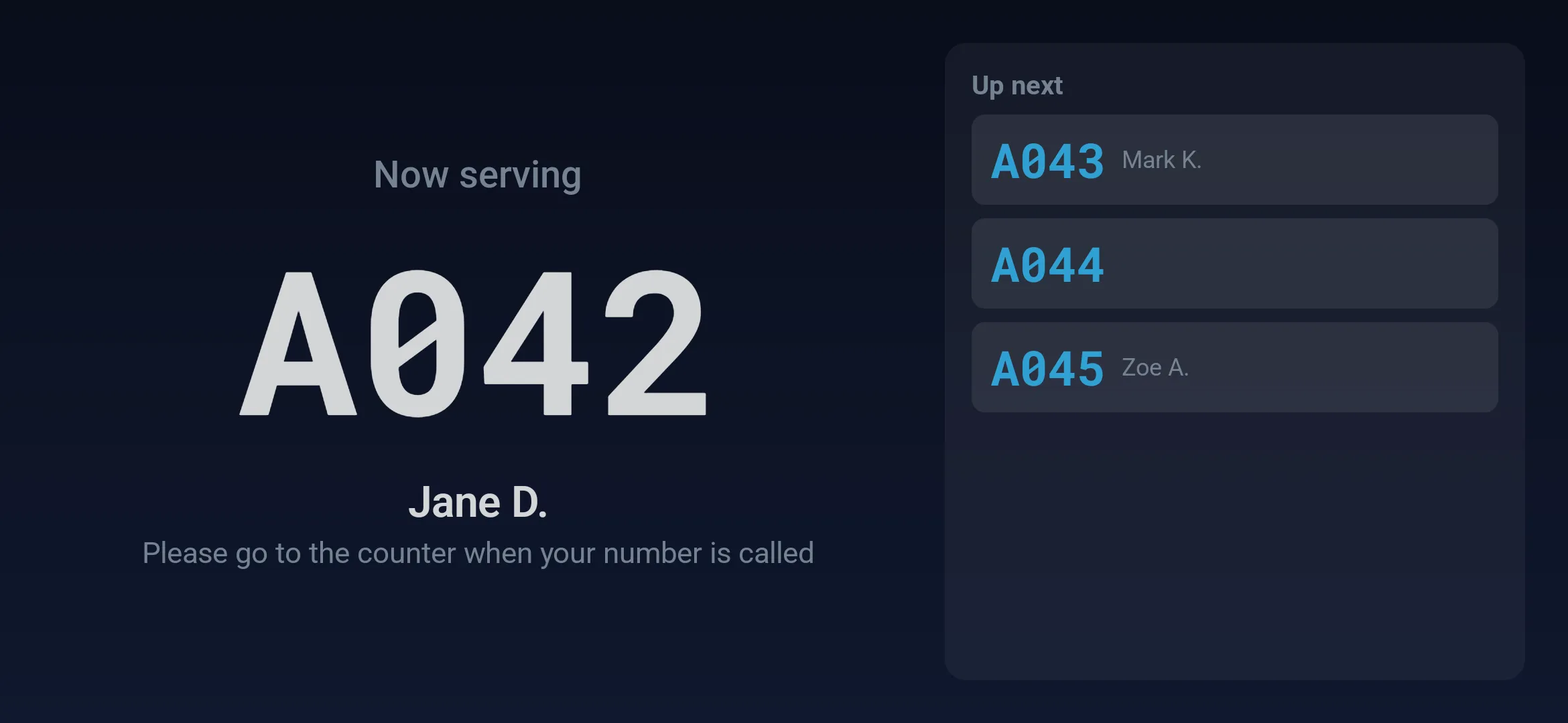 The queue number screen: a large A042 and the next three numbers.