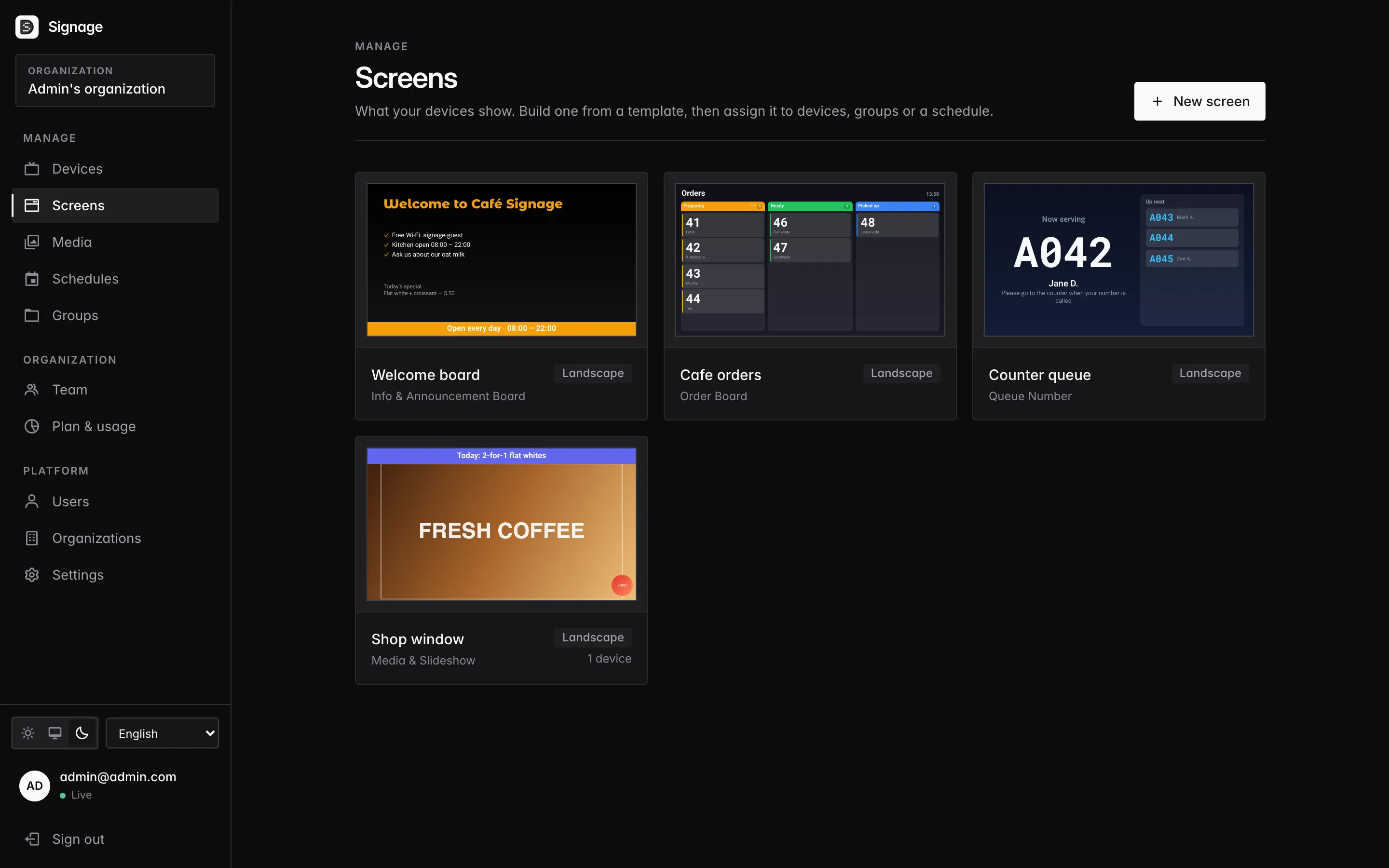 The screens page: four screens using the info board, order board, queue number and media templates.