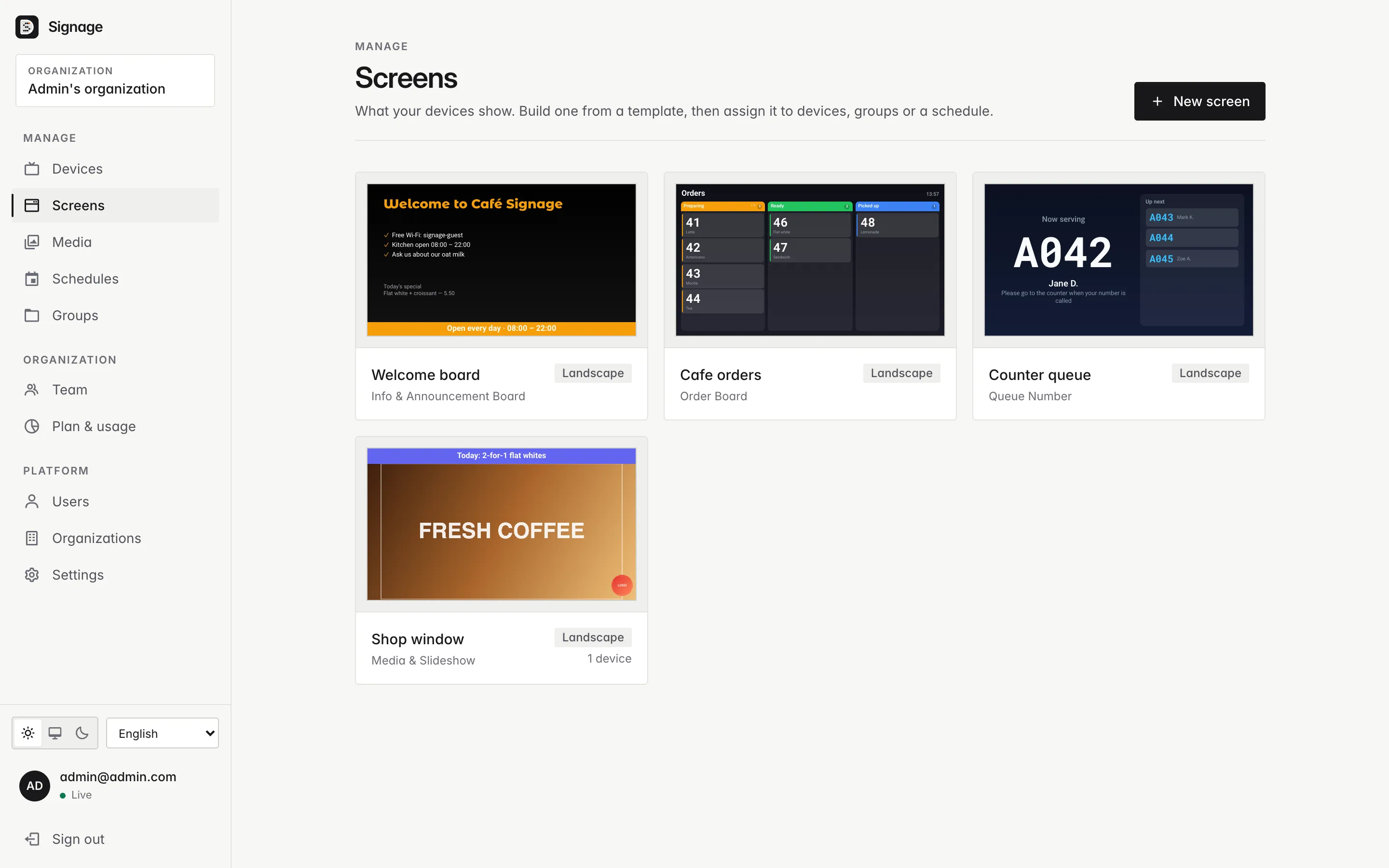 The screens page: four screens using the info board, order board, queue number and media templates.